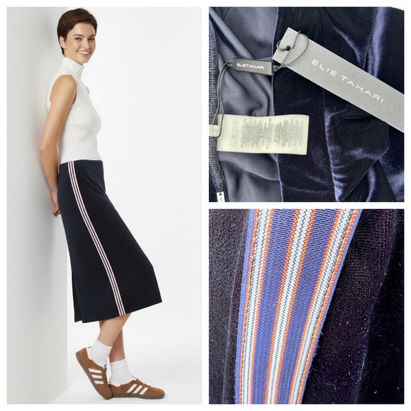 Elie Tahari Dresses & Skirts - NWT Elie Tahari Velvet Midi Skirt Navy L Side Stripe Office Siren Sporty Chic